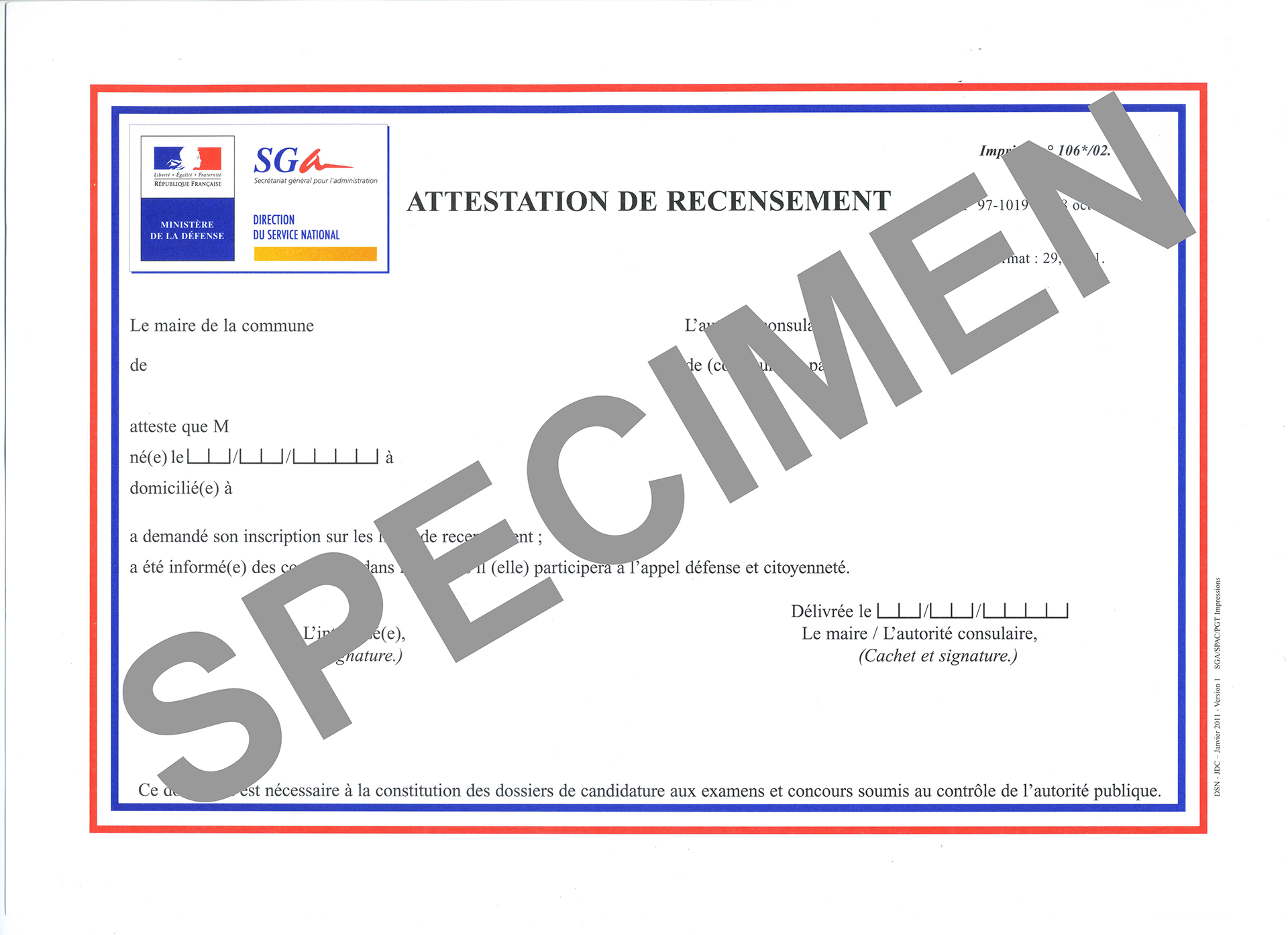 Spécimen d'attestation de recensement citoyen